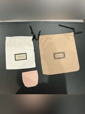 3 Gucci authentic dust bag/pouches, beige, white pink different sizes.